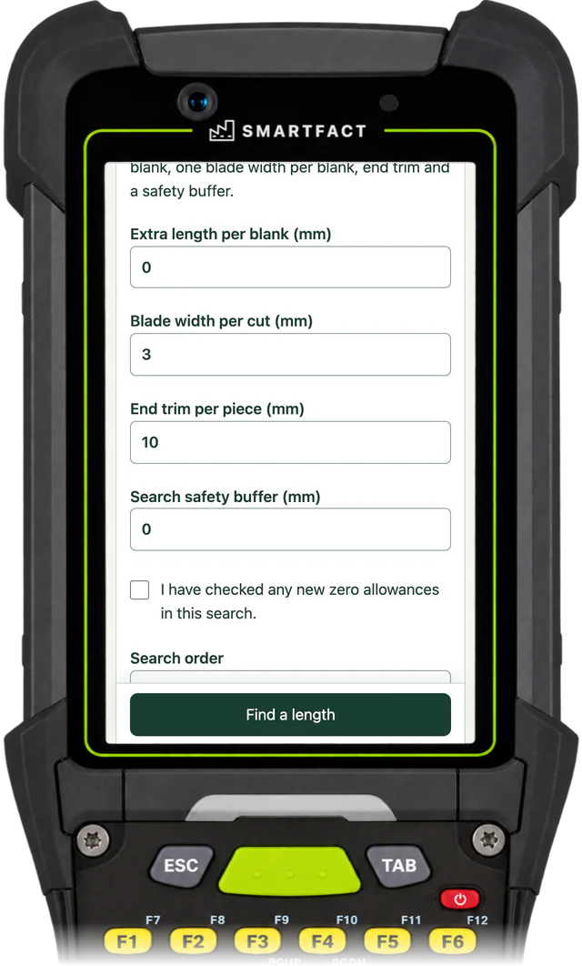 OffcutBench cut allowances: extra length per blank, blade width per cut, end trim per piece and search safety buffer