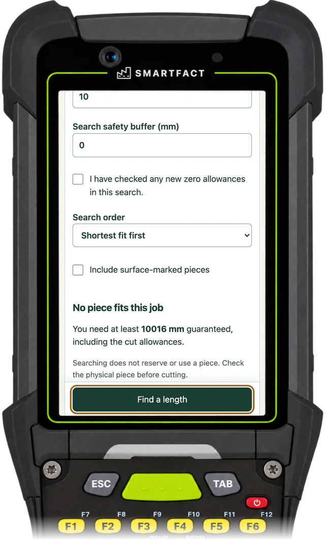 OffcutBench saying No piece fits this job: you need at least 10016 mm guaranteed, including the cut allowances