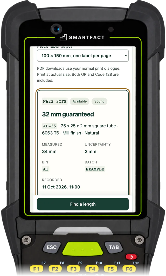 OffcutBench showing the kept remainder after a cut as a new available piece: 32 mm guaranteed, measured 34 mm, in bin A1