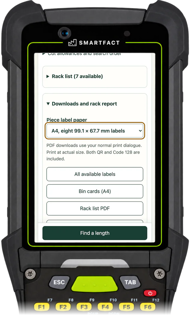 OffcutBench downloads with the piece label paper set to A4, eight 99.1 × 67.7 mm labels, and a note that both QR and Code 128 are included