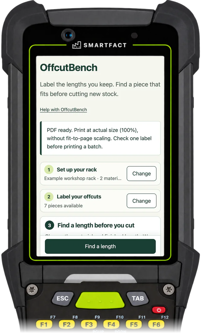 OffcutBench saying PDF ready. Print at actual size (100%), without fit-to-page scaling. Check one label before printing a batch.
