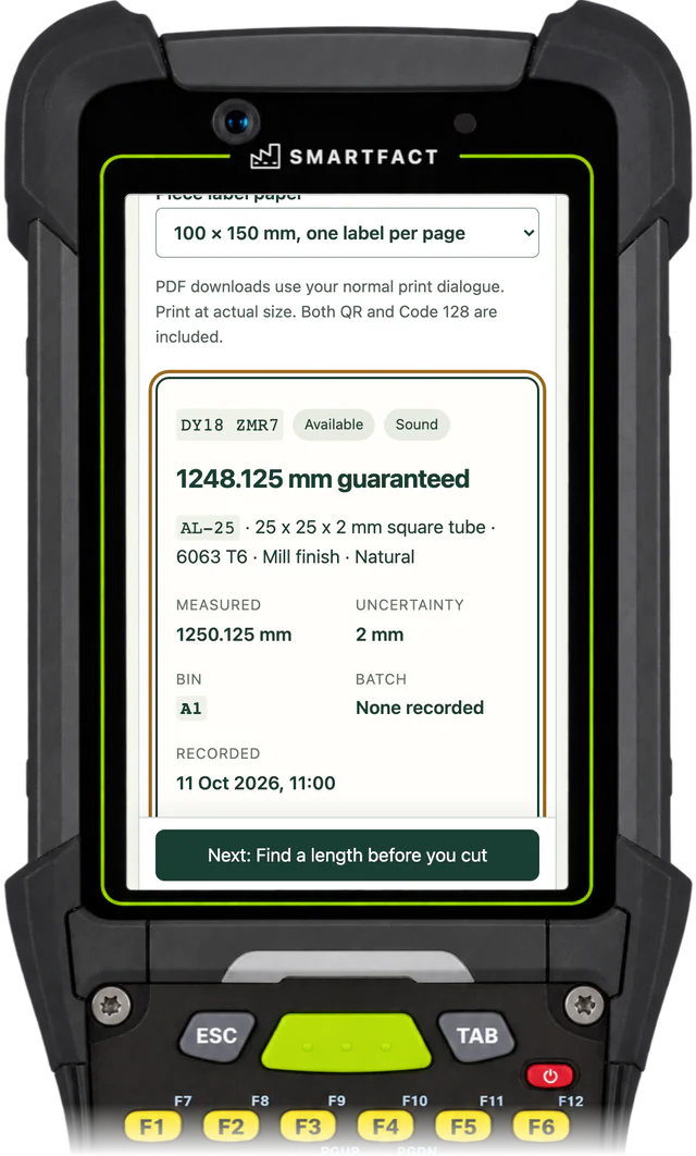 OffcutBench showing piece J1XQ 9X9T: AL-25 square tube, 1248.125 mm guaranteed, measured 1250.125 mm, uncertainty 2 mm, bin A1, with Download this label