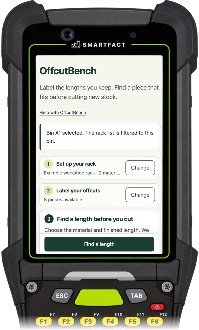 OffcutBench saying Bin A1 selected. The rack list is filtered to this bin.