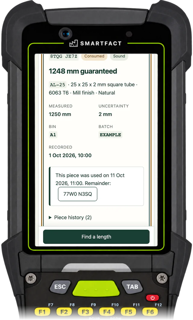 OffcutBench showing a used piece after its old label was scanned: This piece was used on 11 Oct 2026, 11:00. Remainder: ZT1X 1NED
