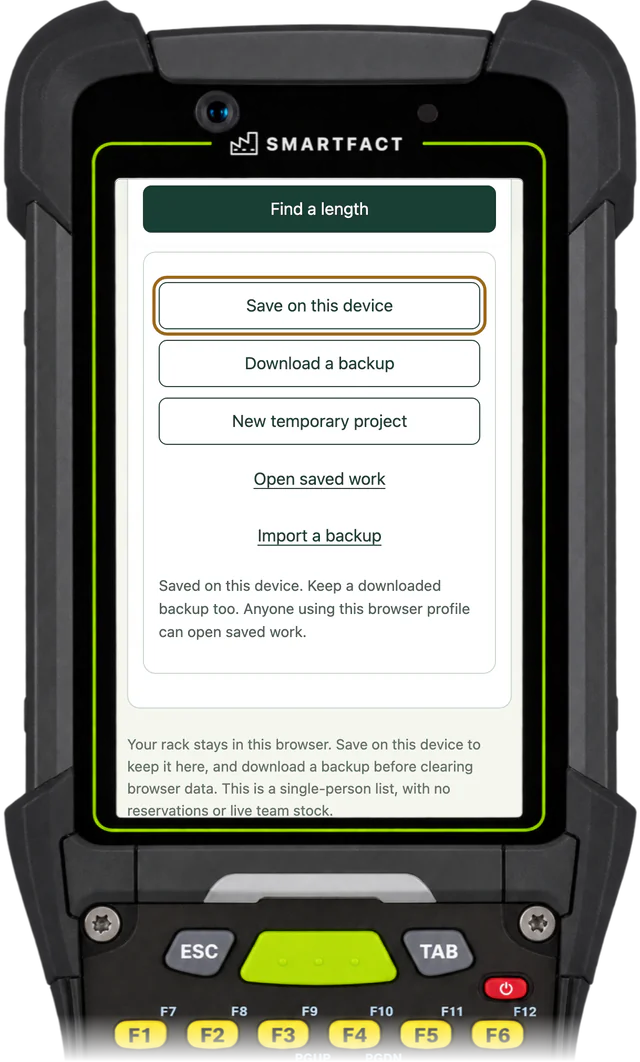 OffcutBench project controls saying Saved on this device. Keep a downloaded backup too, with Download a backup beside Save on this device