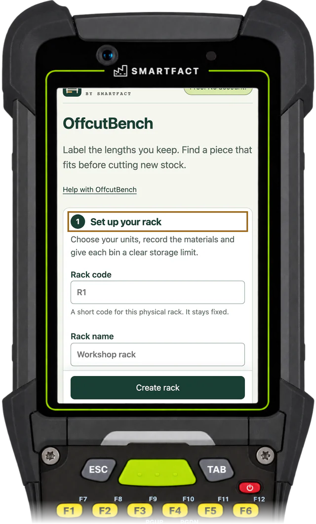 OffcutBench Set up your rack step, starting with the rack code and rack name fields