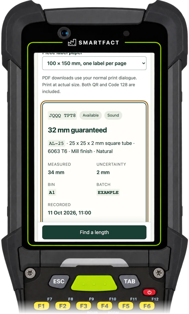 OffcutBench showing the kept remainder after a cut as a new available piece: 32 mm guaranteed, measured 34 mm, in bin A1