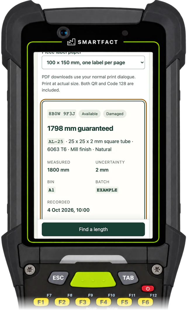 OffcutBench showing an available AL-25 piece recorded as damaged, 1798 mm guaranteed, in bin A1