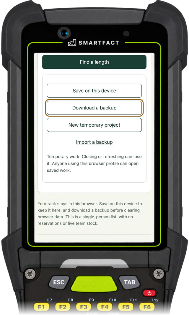 OffcutBench project controls, with Save on this device and Download a backup