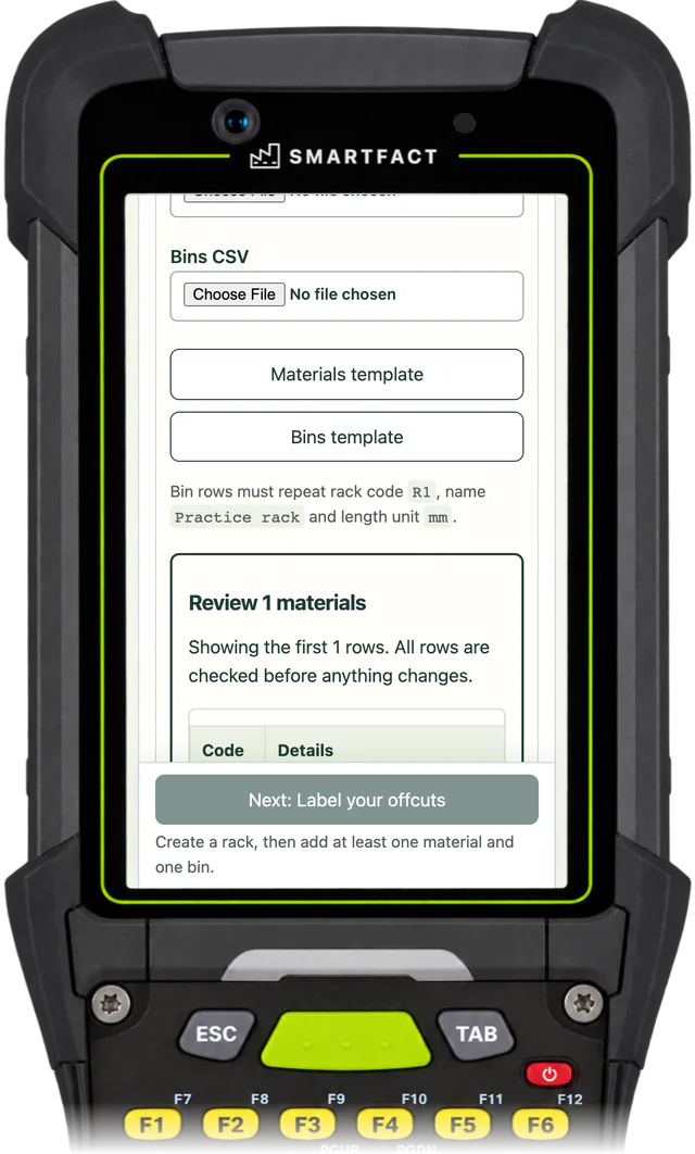 OffcutBench CSV import with the materials and bins templates and Review 1 materials: all rows are checked before anything changes