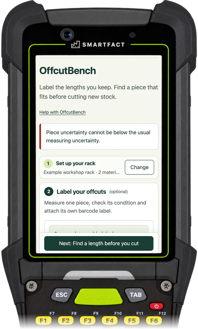 OffcutBench refusing a 1 mm uncertainty: Piece uncertainty cannot be below the usual measuring uncertainty.